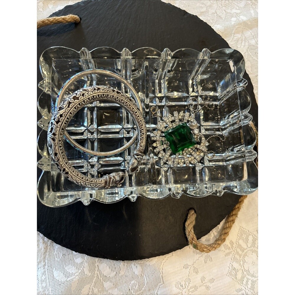 Vtg Crystal Glass CUBIST ART DECO GLASS Divided Jewelry Tray, Trinket Dish